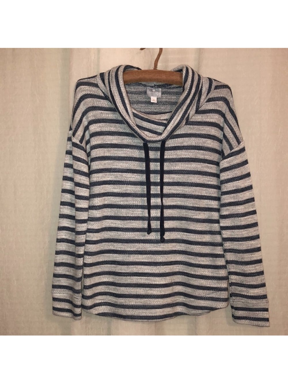 DB Sunday M Gray Blue Striped Drawstring Cowlneck Knit Terrycloth Inner Pullover